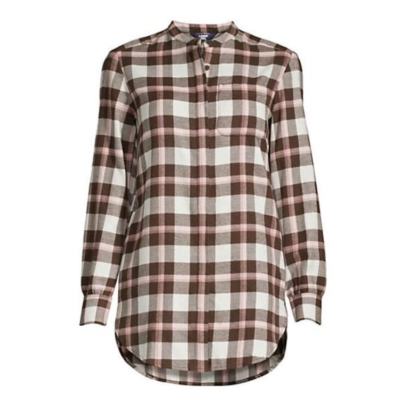 Lands End A Line Flannel Shirt Size MP Medium Petite Tunic Top Pink Brown Plaid - Picture 1 of 10